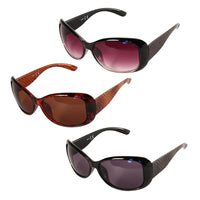 Cargar imagen en el visor de la galería, Three pairs of Sonnenbrille Damen Brille Schlangenhaut Animal Design: black/purple, tortoiseshell/brown, and black/dark gray—all with textured arms, glänzend getönt lenses, and 400 UV-Schutz.
