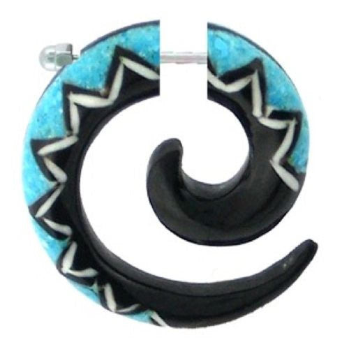 Fake Piercing, Buffalo Horn Achat Spirale, schwarz mit türkisfarbenem Zickzackmuster, Expander, Ohrhänger, Ohrstecker, Ohrring