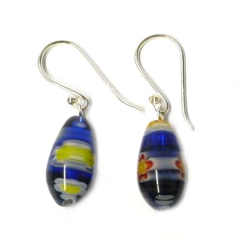 Muranoglas Ohrhänger Tropfen blau lila Ohrringe gelb orange weiß 925 Sterling Silber Blumen