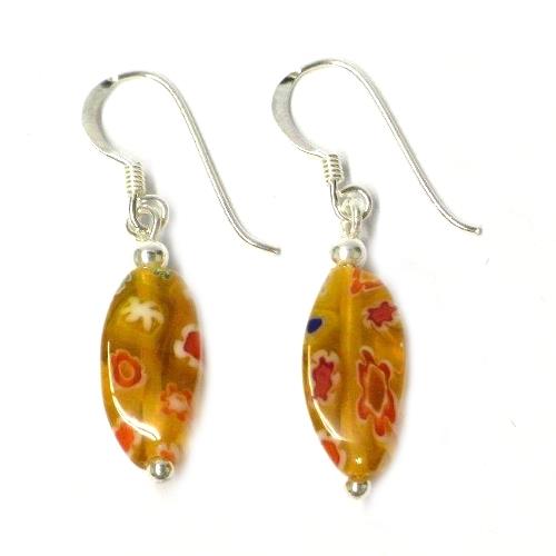 Muranoglas Ohrringe gelb bunt weiß Blumen 925er Sterling Silber kantig Muranoglasohrringe