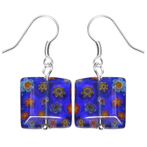 Muranoglas Glas Ohrringe 14 mm Quadrat blau Muster Blumen bunt 925er Silber