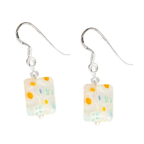Muranoglas Glas Ohrringe Rechteck transparent bunt gelb weiß Muster Blumen 925er Silber