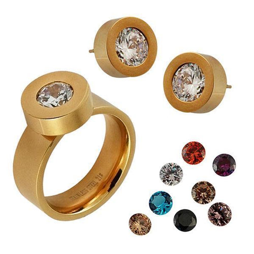 Set Glitzer Glas Kristall Ohrstecker Ring gold weiß Edelstahl Damen Wechsel Schmuck Glaskristall