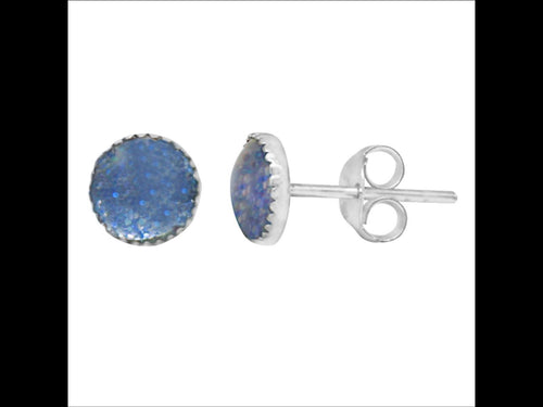 A pair of Ohrstecker Glitzer blau Resin 925er Sterling Silber Ohrringe Damen Schmuck, featuring blue, iridescent resin centers in round studs, shown on a white background.