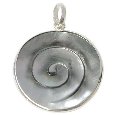 Perlmutt Anhänger kreisrunder Damenanhänger 925er Sterlingsilber eingravierte Spirale schillernd