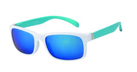 Load image into Gallery viewer, The Sonnenbrille Herren verspiegelt 400 UV features a white frame, blue mirrored lenses, and mint green arms with colorful hinges, shown on a white background.
