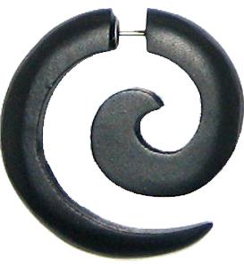 Tribal Ohrring Sono Holz Spirale in schwarz, Edelstahlbügel, Fake Piercing