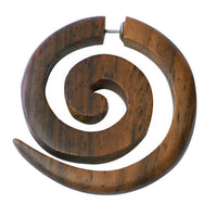 Load image into Gallery viewer, The Fake Spirale Lobe Piercing Edelstahl Ohrstecker Dehnschnecke Holz Ohrring Dehner is a round, spiral wooden earring with visible grain and a sturdy metal clasp—ideal for fans of unique Holz Fake Piercings.
