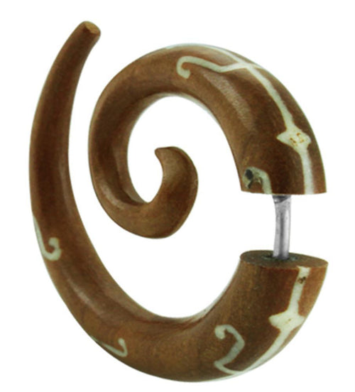 Tribal Fake Piercing Pfeil Muster weiß Holz Spirale Bone Inlay Sonoholz Edelstahl Organic Unisex