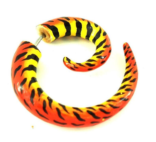 Fake Piercing Holz Handbemalt Flammen orange gelb 8mm Plug Tunnel Ohrhänger Ohrstecker