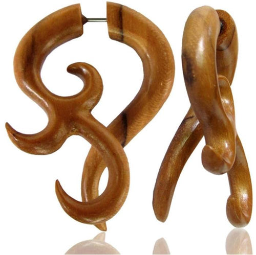 Fake Piercing Teak Holz Bogen Haken überlappend Plug Ohrstecker braun gemasert
