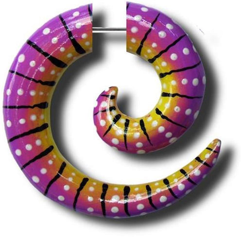 Fake Spirale Punkte Streifen pink gelb Piercing Holz handbemalt Plug Ohrstecker Expander Edelstahl