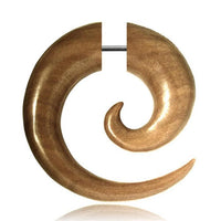 Load image into Gallery viewer, The Fake Spirale Lobe Piercing Edelstahl Ohrstecker Dehnschnecke Holz Ohrring Dehner features a polished wooden spiral with a metal bar—ideal as a stylish fake piercing or spiral stud for unique looks.
