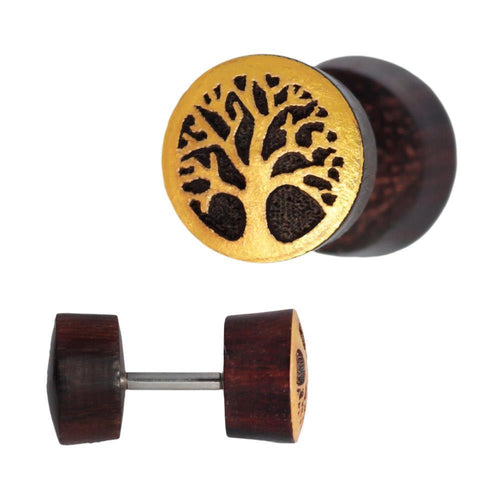 Fake Plug Motiv Sonoholz Holz Piercing Edelstahl gold