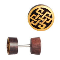 Load image into Gallery viewer, Fake Holzplug dunkel Plug Piercing Edelstahl Holz golden Uhu Om Schmetterling
