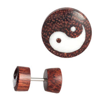 Load image into Gallery viewer, Fake Holzplug dunkel Plug Piercing Edelstahl Holz golden Uhu Om Schmetterling
