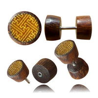 Load image into Gallery viewer, Five views of the Fake Holz Plug Symbol Piercing featuring polished tamarind and jackfruit wood with a yellowish geometric inlay, Vegvisir symbol, and stainless steel post. The natural wood grain texture is clearly visible.
