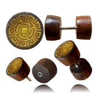 Load image into Gallery viewer, The Fake Holz Plug Symbol Piercing earrings feature geometric maze engravings, sturdy stainless steel posts, and unique symbol inlays like Shou, Om, and Vegvisir on tamarind and jackfruit wood—ideal for lobe piercings.
