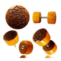 Load image into Gallery viewer, Fake Plug Blutholz Symbol Piercing Edelstahl Holz rot braun Om Blume des Lebens
