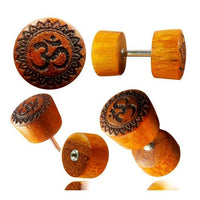 Load image into Gallery viewer, Fake Plug Blutholz Symbol Piercing Edelstahl Holz rot braun Om Blume des Lebens
