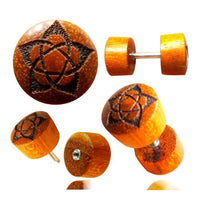Load image into Gallery viewer, Fake Plug Blutholz Symbol Piercing Edelstahl Holz rot braun Om Blume des Lebens
