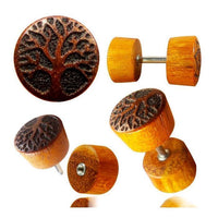 Load image into Gallery viewer, Fake Plug Blutholz Symbol Piercing Edelstahl Holz rot braun Om Blume des Lebens
