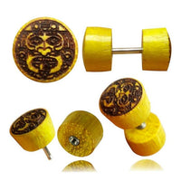 Cargar imagen en el visor de la galería, Fake Plug Jackfrucht Holz Symbol Piercing Edelstahl hell braun Om Vegvisir Stern
