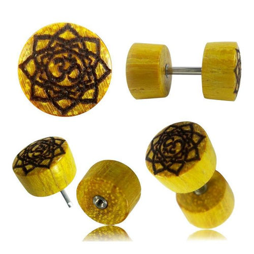 Fake Plug Jackfrucht Holz Symbol Piercing Edelstahl hell braun Om Vegvisir Stern