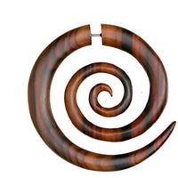 Load image into Gallery viewer, A Fake Piercing Edelstahl Holz XL Spiralen hell dunkel earring features a smooth wooden finish with natural light and dark brown stripes, shaped in a large tapered spiral design and secured with a small metal clasp.
