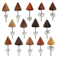 Load image into Gallery viewer, A set of fifteen "Holzohrstecker Ohrstecker Holz Kegel 925er Sterlingsilber 8 mm Maserung" with cone-shaped wooden tops in assorted brown tones, each backed with 925 sterling silver, displayed in three rows on a white surface.
