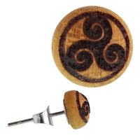 Cargar imagen en el visor de la galería, Holz Ohrstecker Triskele Sterlingsilber 925er Kreis 8 mm Lasergravur golden
