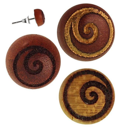 Holz Ohrstecker Spirale Kreis Sterlingsilber 925er rund 8 mm Lasergravur golden