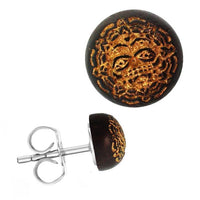 Load image into Gallery viewer, Round stud earring, 8mm, made of stainless steel and Sonoholz with a gold motif—crafted in Holzohrstecker style for striking detail.
