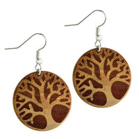 Load image into Gallery viewer, A pair of round Ohrringe Jackfrucht Holz with a dark brown tree of life engraving and finished with silver stainless steel hooks for pierced ears.

