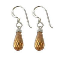 Load image into Gallery viewer, A pair of faceted teardrop-shaped earrings with colorful zirconia stones in purple, pink, red, and orange, hanging from 925 Sterling Silver hooks.
