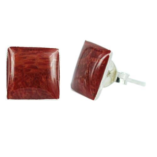 A pair of Koralle Ohrstecker Bambookoralle quadratisch with red bamboo coral set in 925er Sterling Silber, shown from the front and side against a white background.