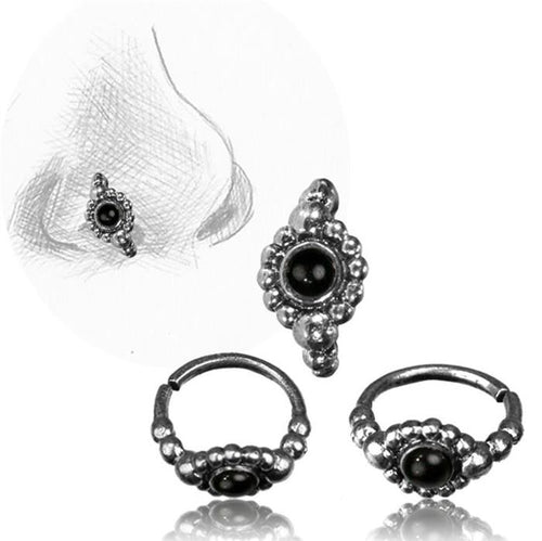 Der Nostril Piercing Nasenringe Silber Nasenring Kugeldesign 1 cm/0,8 mm zeigt einen zentralen schwarzen Stein und kleine Silberperlen, mit Ansichten aus verschiedenen Perspektiven und einer Skizze zum Nostril Piercing.
