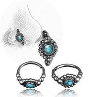 Load image into Gallery viewer, Three Nostril Piercing Nasenringe Silber Nasenring Kugeldesign (1 cm/0,8 mm) options with ornate beaded detailing and small turquoise stones are shown, one displayed on a drawn nose to demonstrate nostril placement.
