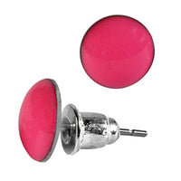 Load image into Gallery viewer, A pair of bunte, runde 8 mm Ohrstecker aus gewölbtem Acryl, unisex, mit glänzenden nickelfreien Edelstahl-Steckern: einer zeigt die Front, der andere die Seite und den Stecker.
