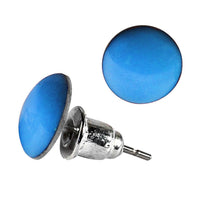 Load image into Gallery viewer, A pair of round, colorful 8 mm Ohrstecker earrings made of domed acrylic with unisex, nickel-free Edelstahl posts and butterfly backs, shown from front and side angles on a white background.
