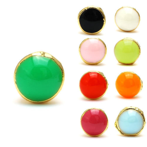 Nine glossy, round, colorful 3 mm Brass Ohrstecker aus gewölbtem, goldumrandetem Emaille (nickelfrei Messing) are shown: the largest is green, the others include black, white, pink, light green, red, orange, magenta, and light blue.