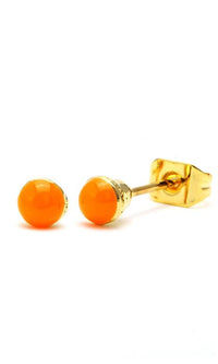 Load image into Gallery viewer, A pair of Brass Ohrstecker gewölbt rund 3 mm bunt gold Emaille earrings, made of nickelfrei Messing, with small round colorful enamel fronts, shown on a white background—one upright, one flat to display the post and backing.
