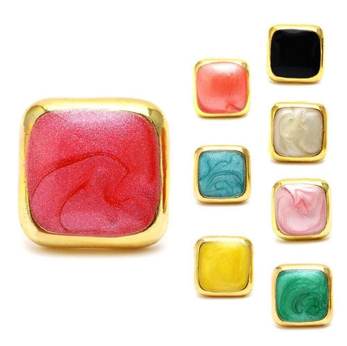 Seven star-shaped, multicolored Brass Ohrstecker (12mm) unisex earrings—red, black, white, teal, pink, yellow, green—each with a gold border, stainless steel, nickel-free, displayed against a white background.