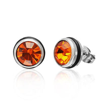 Load image into Gallery viewer, A pair of CHICNET Brass Ohrstecker silber Gummi with 10mm round orange Glaskristall gemstones is displayed on a white background, each earring featuring faceted stones set in silver-toned, nickelfrei metal.
