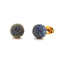 Cargar imagen en el visor de la galería, A pair of 18 karat gold-plated copper half-sphere stud earrings with blue, turquoise, and pink enamel, gold dotted texture, and nickel-free secure posts and backings.
