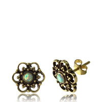 Load image into Gallery viewer, Messing Blume Ohrstecker antik golden Stein Inlay Punkte Bögen
