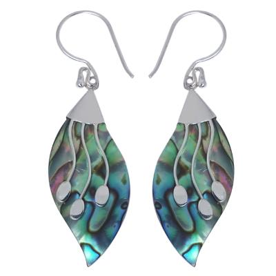 Damen Ohrringe/Ohrhänger aus Pauamuschel-Abalone, Perlmutt in 925 Sterling Silber eingefasst, ca. 32 x14 mm