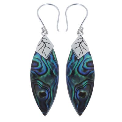 Damen Ohrringe/Ohrhänger aus Pauamuschel-Abalone, Perlmutt in 925 Sterling Silber eingefasst, ca. 40 x12 mm