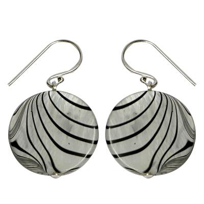 Perlmuttmuschel-Ohrringe, runde Perlmutt-Ohrringe mit Zebramuster und Bügel aus 925 Sterlingsilber
