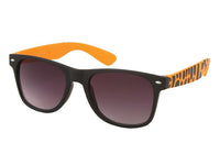 Load image into Gallery viewer, The Sonnenbrille Zebra Kleckse Unisex Nerd Brille features black frames, dark lenses, bold black leopard-print arms with orange insides, and UV 400 protection for reliable eye safety in retro style.
